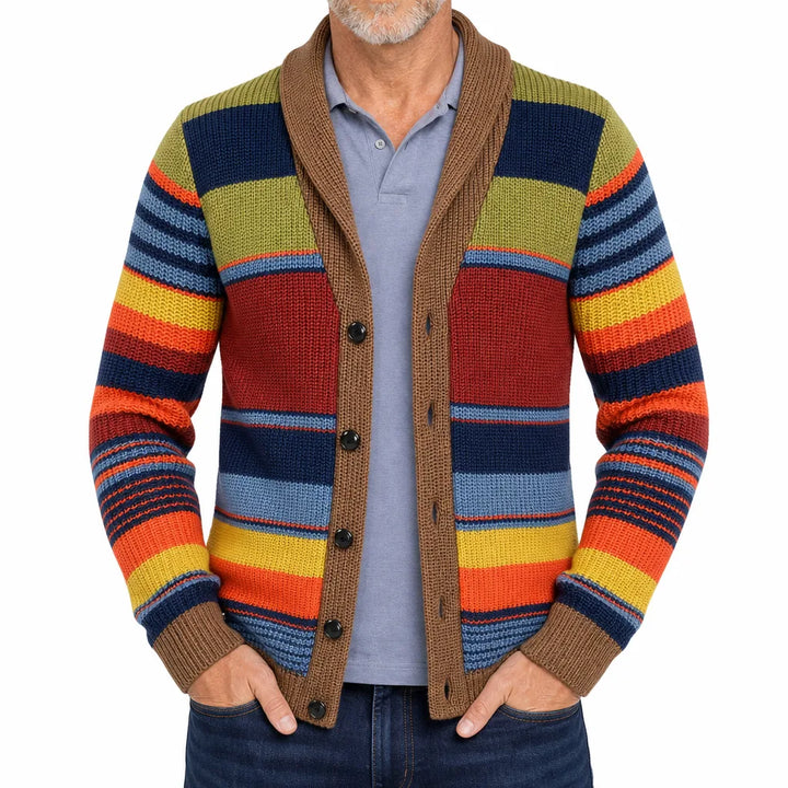 Men's Navy & Lime Stripe Tyrell | Men's Striped Shawl-Collar Cardigan -No match