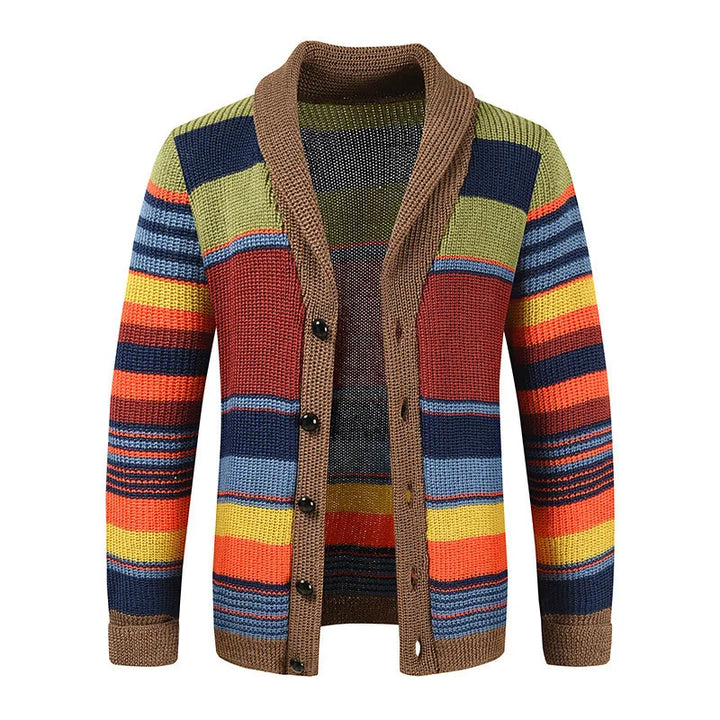 Tyrell | Men's Striped Shawl-Collar Cardigan  - Color:Navy & Lime Stripe;Size:S