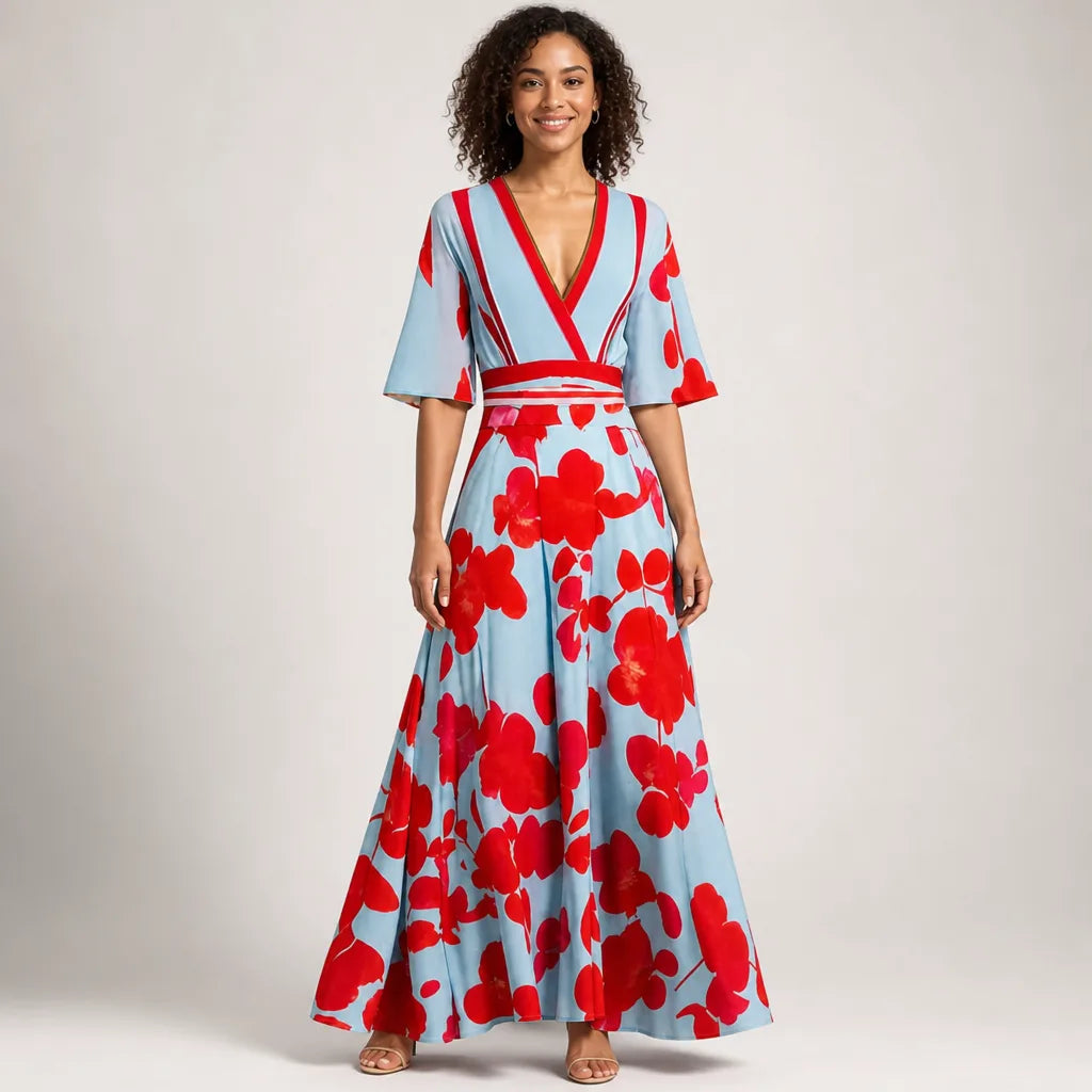 Women's Red Simone Printed V Neck Dress