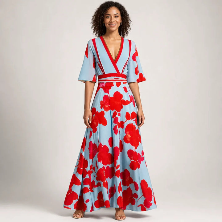 Women's Red Simone Printed V Neck Dress
