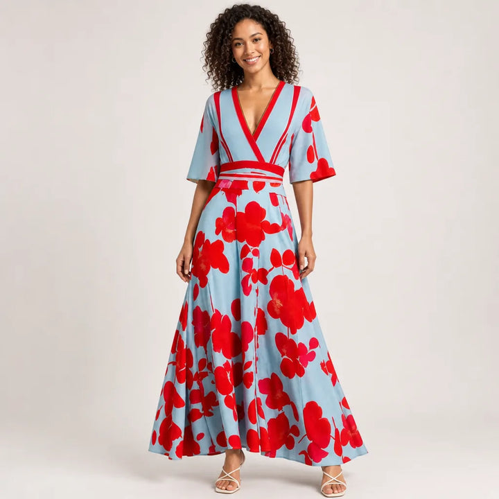 Women's Red Simone Printed V Neck Dress