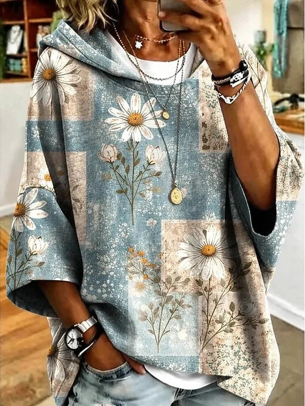 Vienna | Women's Floral Hoodie Sweater - Size:XS;Color:Blue