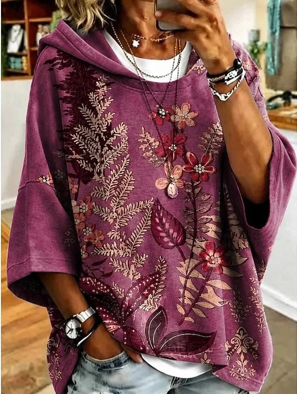 Vienna | Women's Floral Hoodie Sweater - Size:XS;Color:Fuchsia