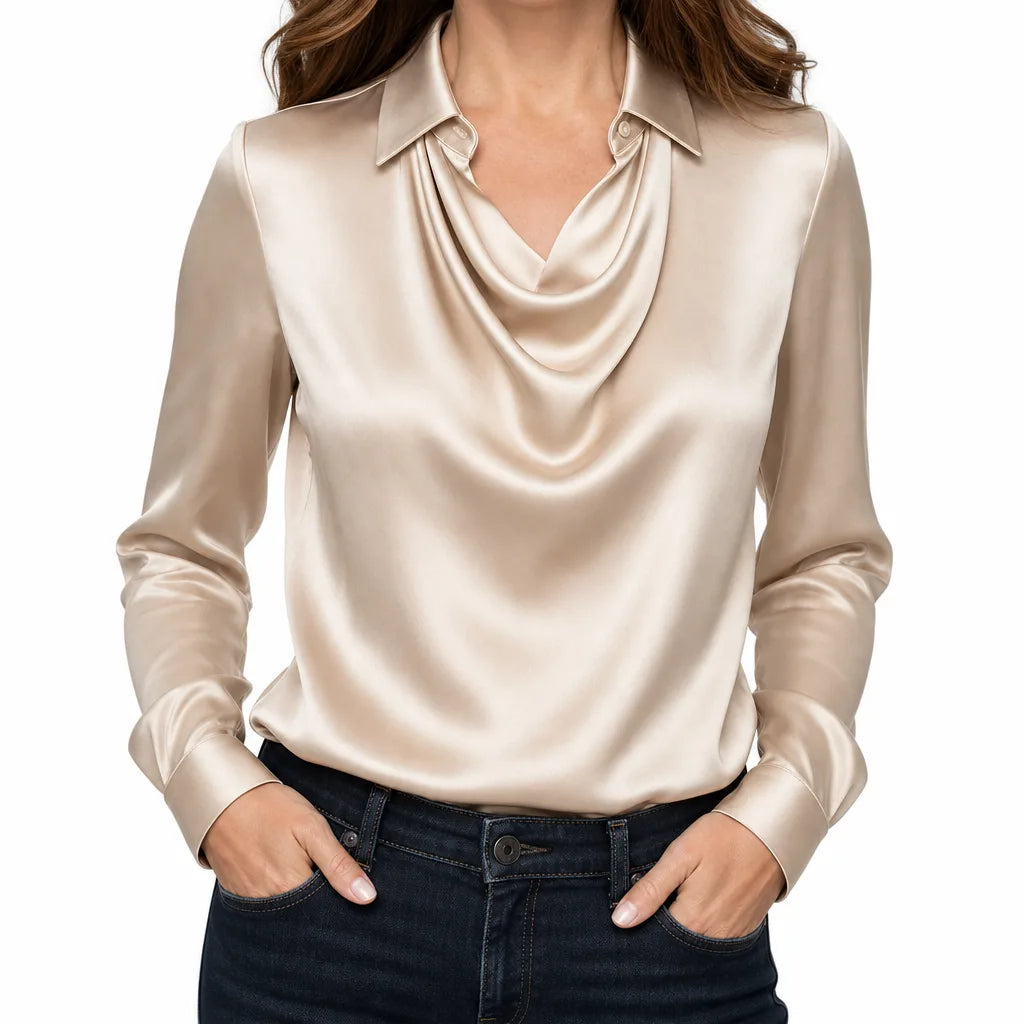 Vivienne | Womens Draped Collar Long Sleeve Blouse - Color:Beige;Size:XS