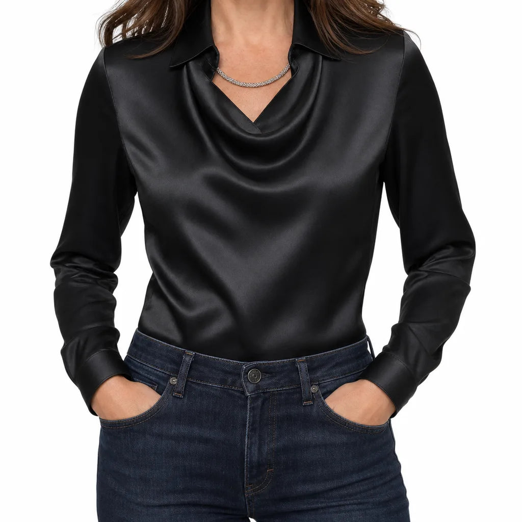 Vivienne | Womens Draped Collar Long Sleeve Blouse - Color:Black;Size:XS