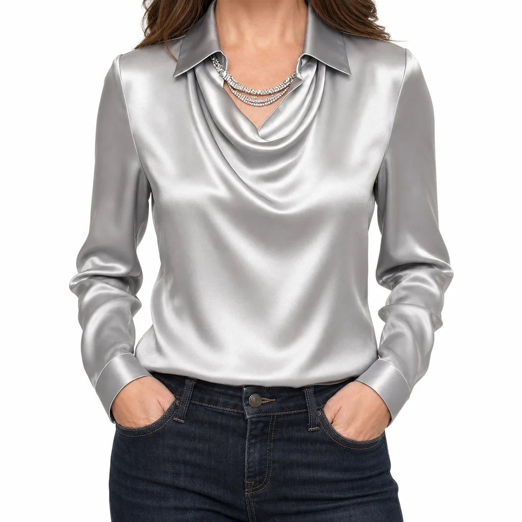 Vivienne | Womens Draped Collar Long Sleeve Blouse - Color:Gray;Size:XS