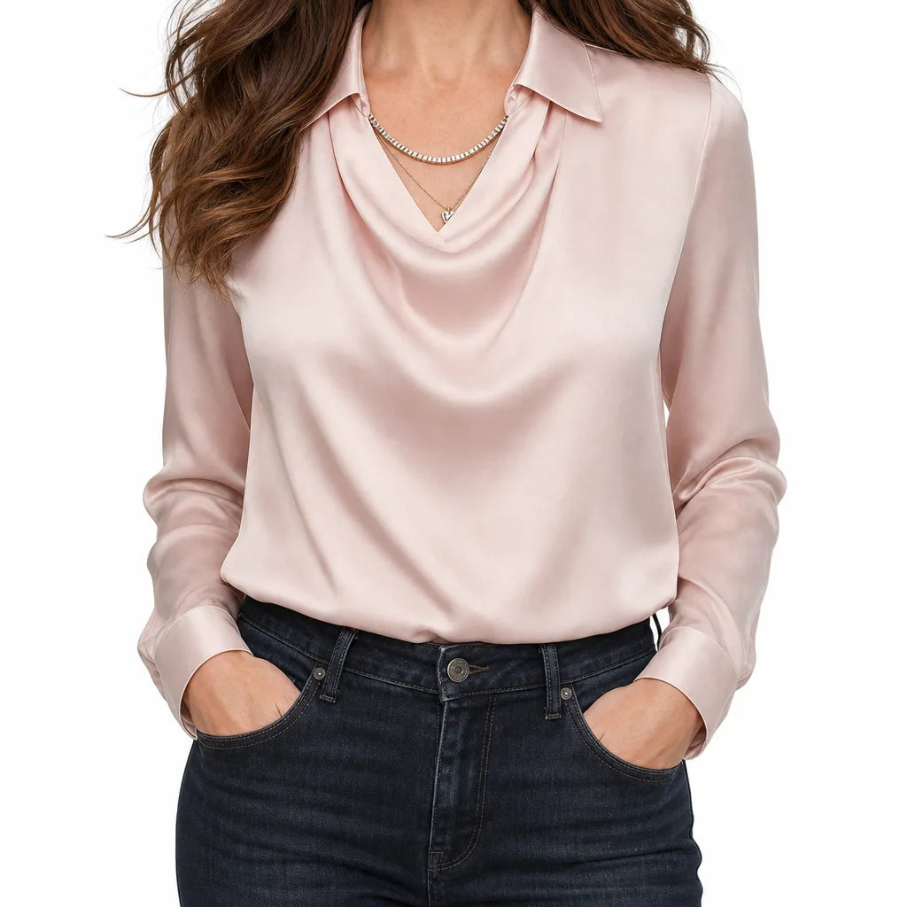 Women's Pink Vivienne | Womens Draped Collar Long Sleeve Blouse