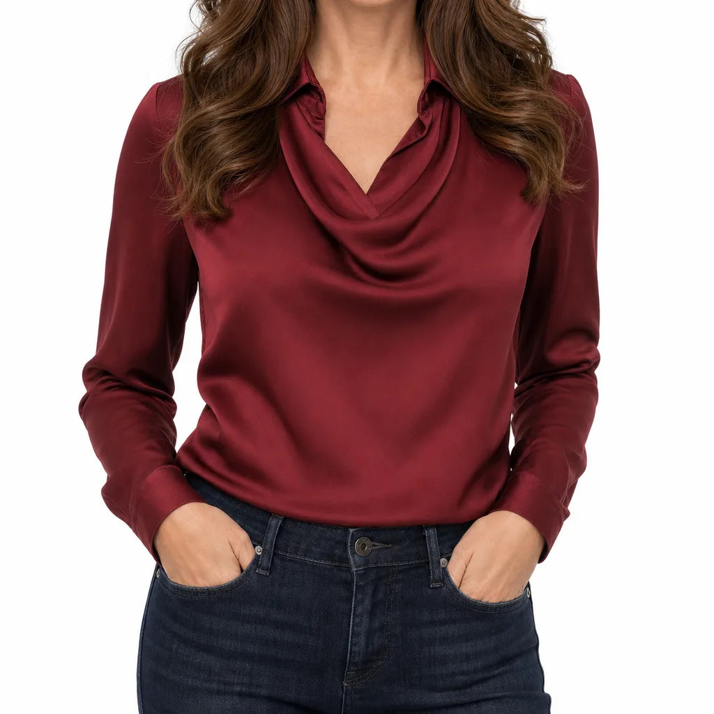 Women's Red Vivienne | Womens Draped Collar Long Sleeve Blouse