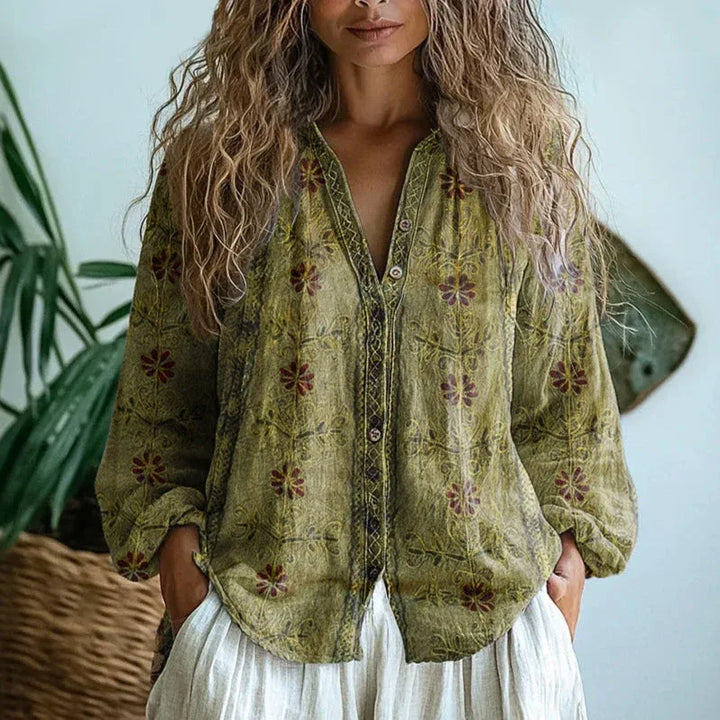 Vivienne | Women's Fall Leaf Vintage Blouse - Size:XS;Color:Green