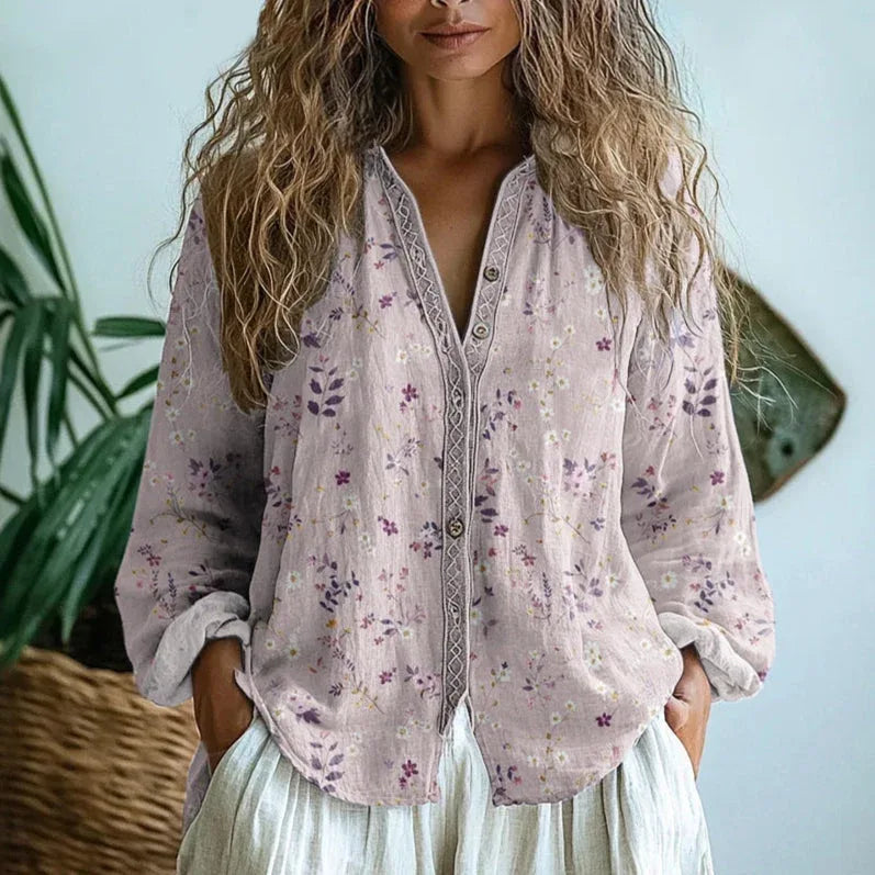 Vivienne | Women's Fall Leaf Vintage Blouse - Size:XS;Color:Pink