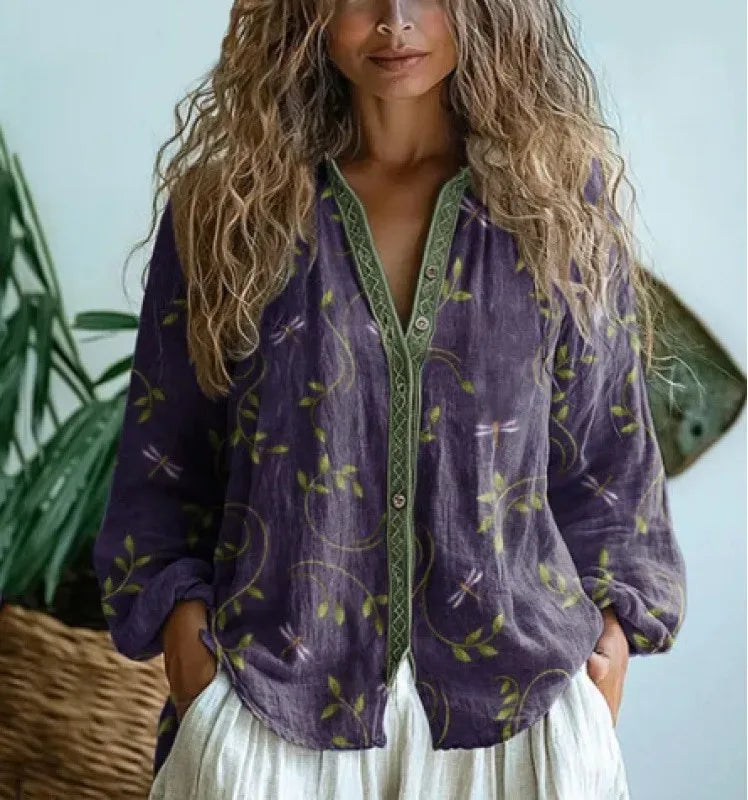 Vivienne | Women's Fall Leaf Vintage Blouse - Size:XS;Color:Purple