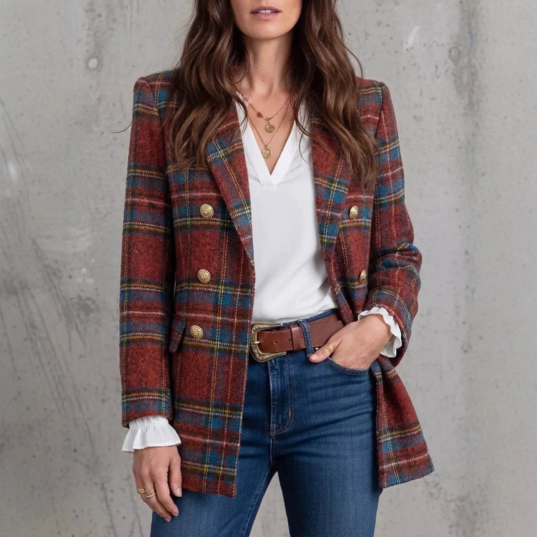 Wells | Women's Plaid Double-Breasted Blazer - Red