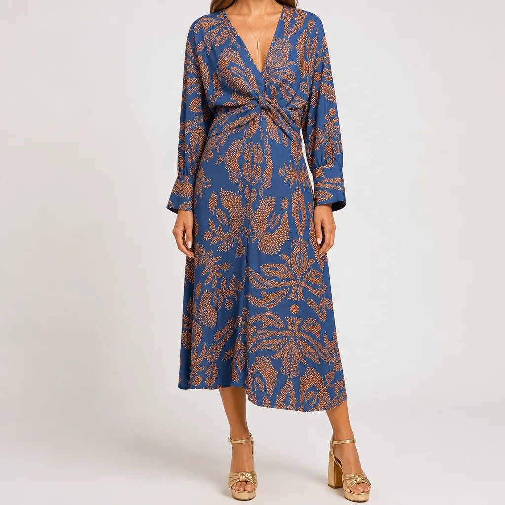 Whitney | Floral Midi Dress  - Color:Blue;Size:XS