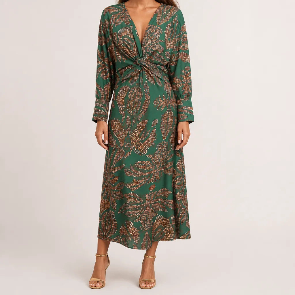 Whitney | Floral Midi Dress  - Color:Green;Size:XS