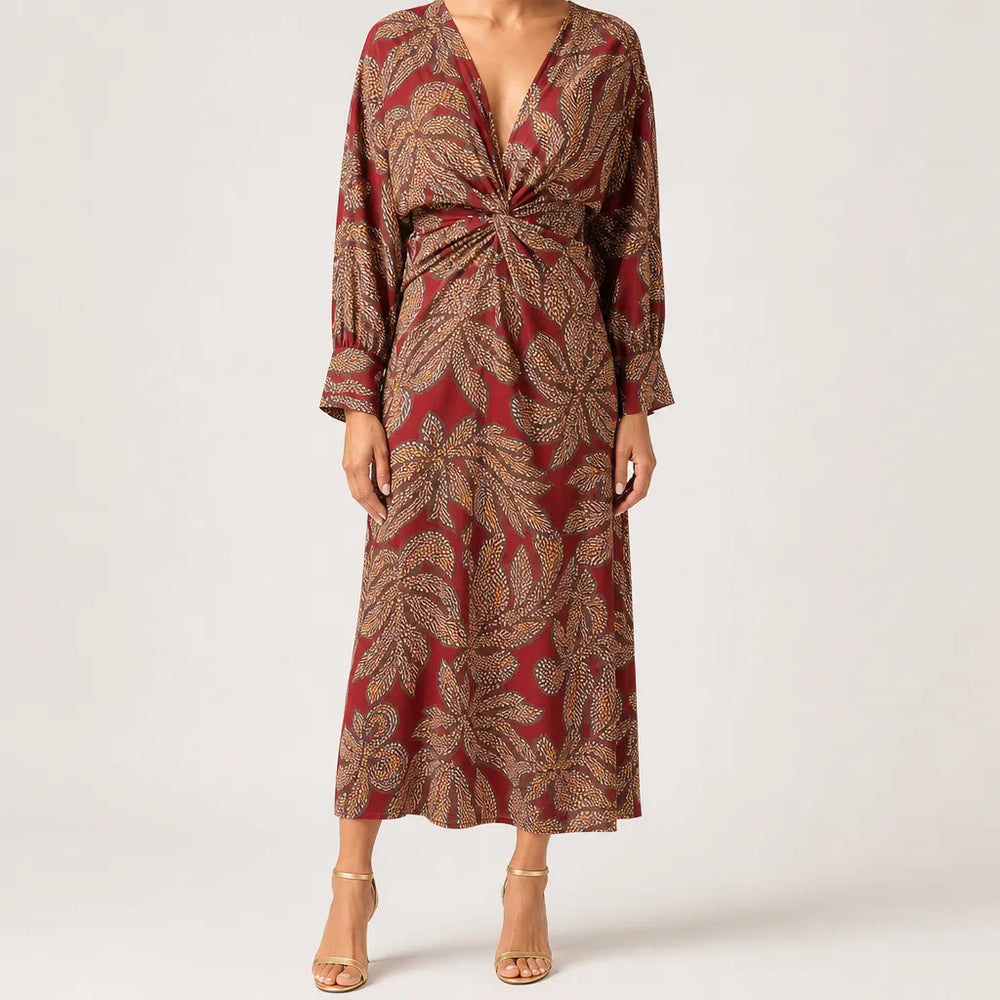 Whitney | Floral Midi Dress  - Color:Red;Size:XS