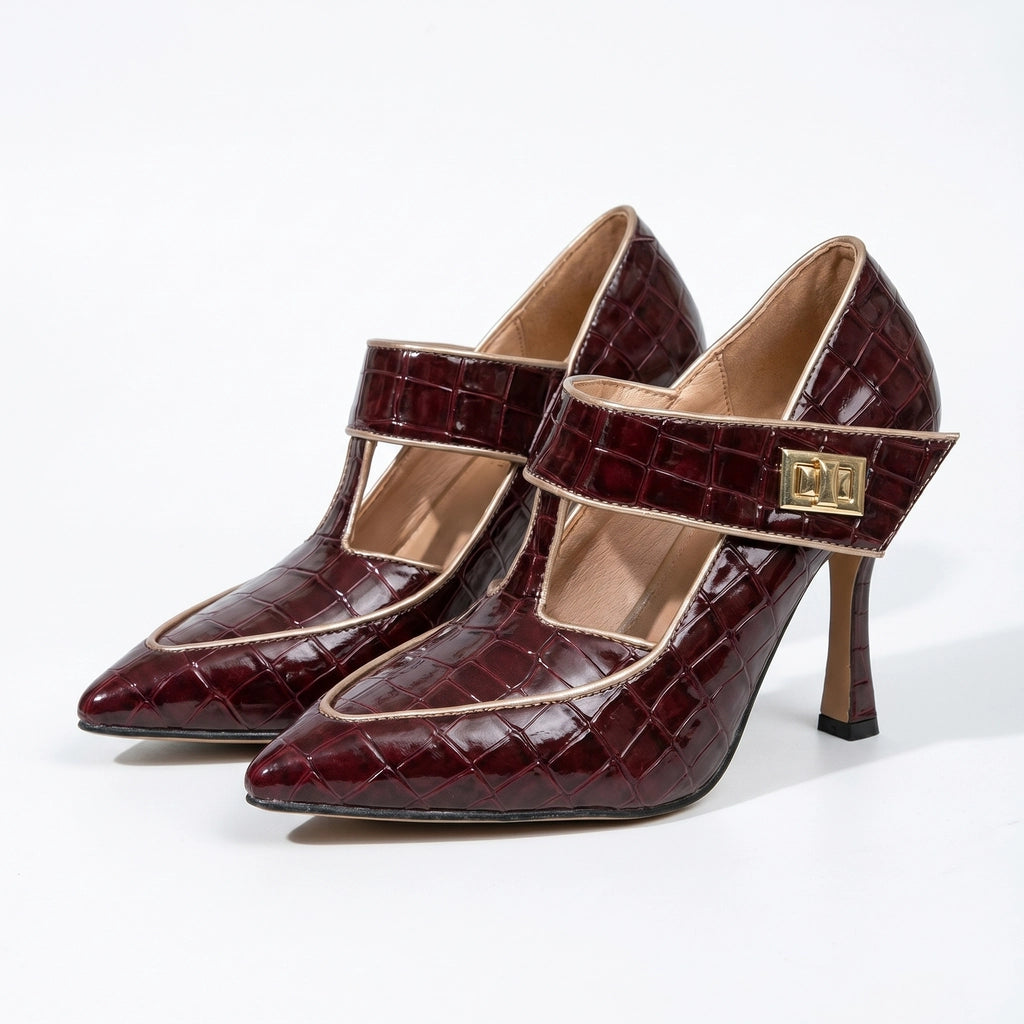 Whitney T-Strap Heels - Color:Wine red;Size:35