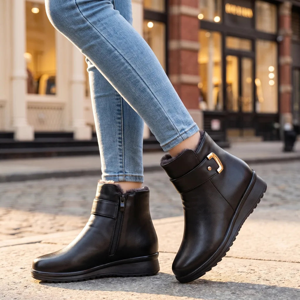 Winnie | Womens Fall Leather Ankle Boots - Color:Black;Size:35