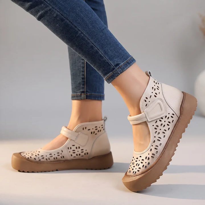 Zahraa | Women's Orthopedic Leather Mary Jane Shoes - Color:Beige;Size:35