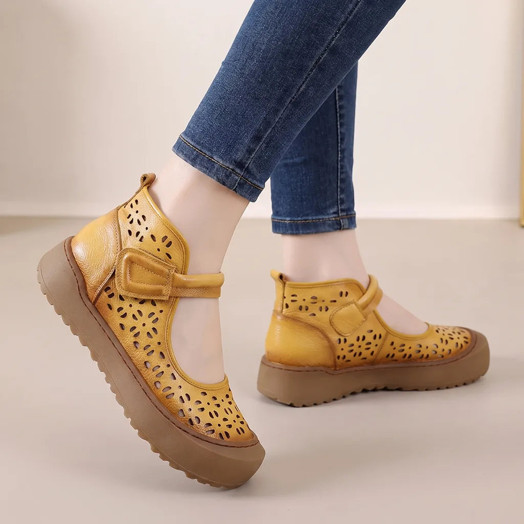 Zahraa | Women's Orthopedic Leather Mary Jane Shoes - Color:Yellow;Size:35